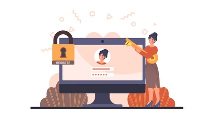 Woman register online. Moving woman enter username and password and gets access to personal account in social networks. Cyber security, data protection and authorization. Flat graphic animated cartoon