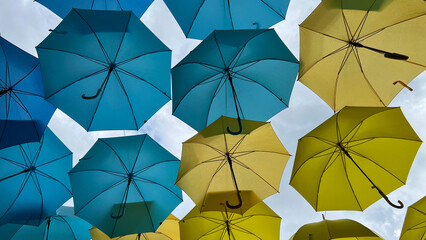 Blue and yellow umbrellas