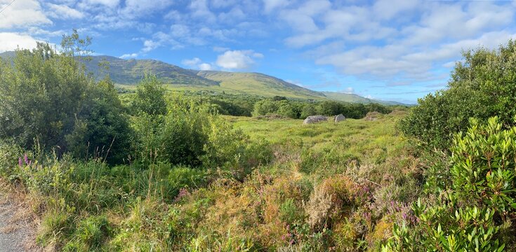 Panorama of Caha mountains behind Cuhig, Kerry, Ireland.