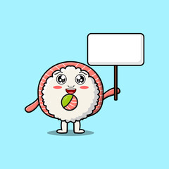 Cute cartoon sushi character holding blank board in vector concept flat cartoon style illustration