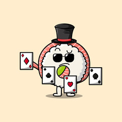 Cute cartoon sushi magician character playing magic cards in flat cartoon style illustration