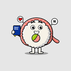 Cute cartoon rice sushi rolls sashimi character holding diary book with happy expression