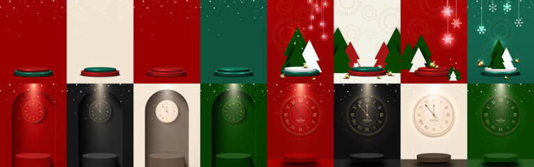 Big set of Christmas and new year background designs with podiums for product display and decorative objects festive. Vector illustration.