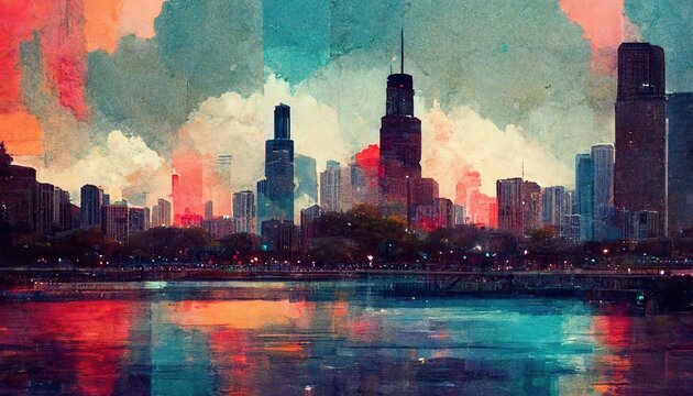 Chicago city landscape , usa chicago painting illustration