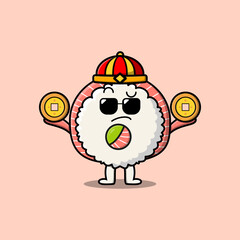 Cute cartoon rice sushi rolls sashimi chinese character holding coin in vector icon illustration