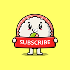 Cute cartoon rice sushi rolls sashimi character holding red subscribe board