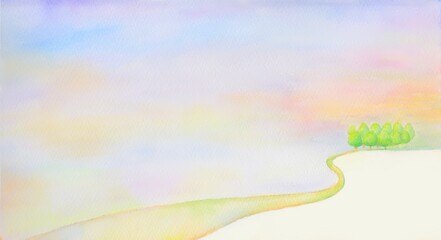 朝焼けの空のもとに続く道。手描きの水彩で描いた背景素材。