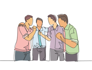 Single continuous line drawing of happy male team member cheering together and hugging each other to celebrate their success. Business team concept. One line draw design vector illustration