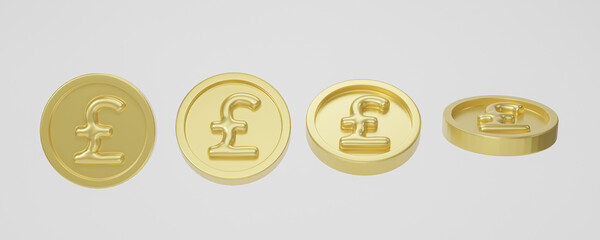 Set of Pound golden coin isolated on white background. 3D Rendering.