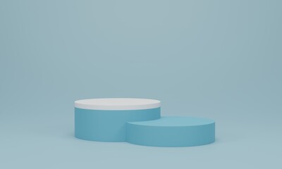 Cylinder podium on light blue background. Abstract minimal scene with geometric forms. Mock up scene to show cosmetic products presentation. 3d rendering, 3d illustration