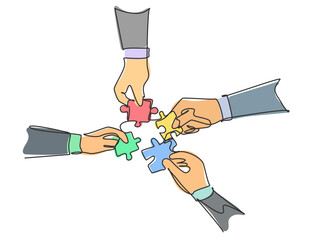 Single continuous line drawing of business team members unite puzzle pieces together to one as team building symbol. Employee teamwork concept. Trendy one line draw design vector graphic illustration