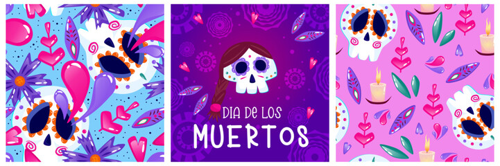 Muertos poster set, day dead with skull on purple background. Halloween costume. Cartoon vector illustration. Holiday Muertos background. Mexico catrina skeleton seamless pattern