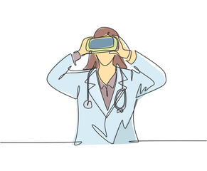 One single line drawing of young happy female doctor looking digital visual data using virtual reality goggles. Smart technology game player concept continuous line draw design vector illustration