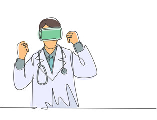 Fototapeta premium Single continuous line drawing of young happy male doctor celebrates his victory finishing all stages at simulation games. Virtual reality game player concept one line draw design vector illustration