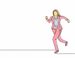 Single continuous single line drawing of young woman urban commuter worker running in rush at city road to get to the office on time. Employee in hurry concept one line draw design vector illustration