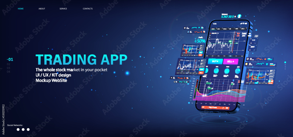 Poster Crypto App for trading on mobile phone. Template 3D Smartphone for trading on App platform. Cryptocurrency on mobile phone with UI interface, data analytics, online statistic, graphic, charts. Vector