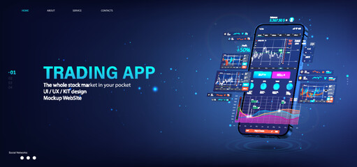 Crypto App for trading on mobile phone. Template 3D Smartphone for trading on App platform. Cryptocurrency on mobile phone with UI interface, data analytics, online statistic, graphic, charts. Vector