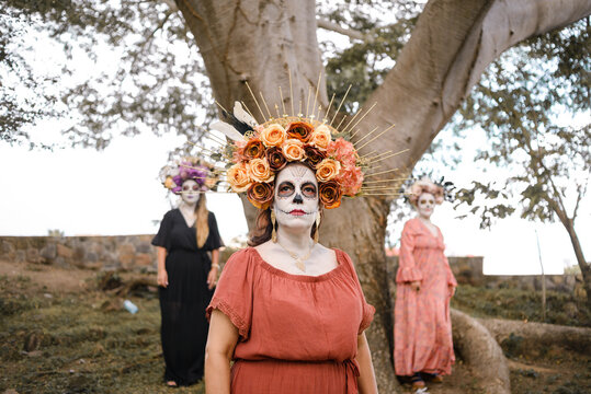 Catrinas outdoor portrait. Typical character of the Day of the Dead celebration in Mexico.