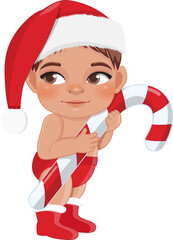 Cute Cartoon Boy Red Diaper Santa Hat Holding Candy Cane
