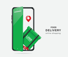 Green square-shaped bag or food container and a buy icon are placed on bottom and there is a pin for rider food delivery location. All were on the smartphone screen that was ajar like opening door