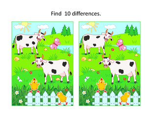 Find ten differences picture puzzle with milk cows grazing on the pasture, fence, playful chicks
