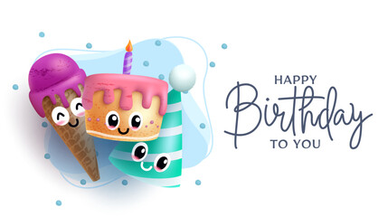 Birthday greeting characters vector design. Happy birthday to you text with cake, ice cream and party hat face character for colorful kids birth day celebration. Vector illustration.
