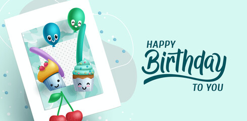 Birthday greeting vector background design. Happy birthday text with cup cake and balloon characters in polaroid element for cute birth day party. Vector illustration.
