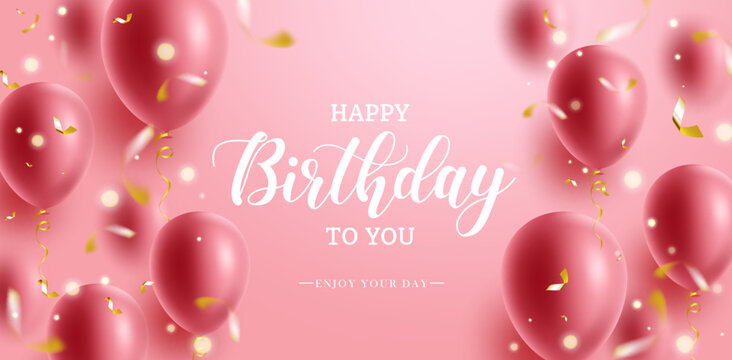 Birthday greeting vector background design. Happy birthday text in pink space with rose gold floating balloons and confetti for birth day celebration. Vector illustration.
