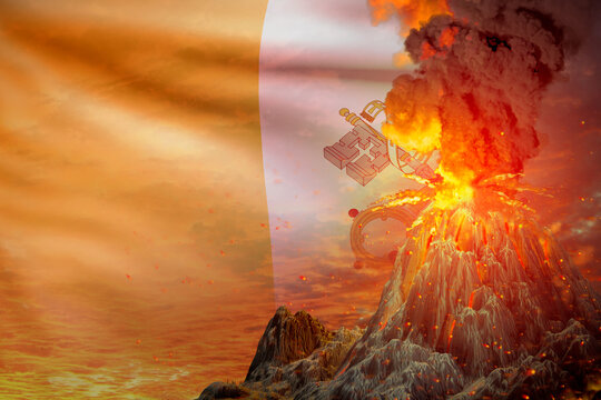 stratovolcano blast eruption at night with explosion on Holy See flag background, problems of eruption and volcanic ash concept - 3D illustration of nature