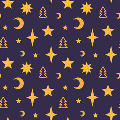 Seamless pattern with Christmas trees, months and stars on a dark background