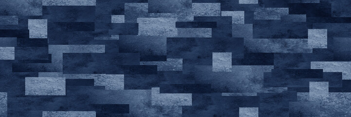 Dark blue white pattern. Chaotic. Geometric shape background for design. Squares, rectangles or block. Seamless. Abstract. Mosaic, collage. Web banner. Wide. Long. Panoramic.
