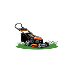 yellow lawn mower - lawn care and service illustration logo vector - obrazy, fototapety, plakaty