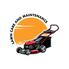 red lawn mower - lawn care and service illustration logo vector