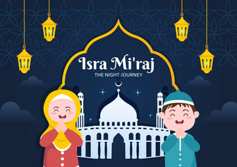 Happy Isra Miraj Nabi Muhammad SAW Template Hand Drawn Cartoon Flat Illustration Suitable for Greeting Card, Poster and Banner