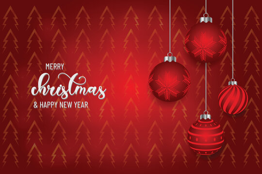 Gold Christmas and New Year Typographical on red background with winter landscape Horizontal new year background, headers, posters, cards, website.Vector illustration