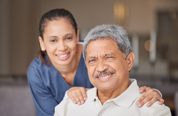 Portrait of elderly man with a nurse, bonding during a checkup at assisted living homecare . Smile, happy and friendly mature patient relax and enjoy time with a loving, carefree healthcare worker