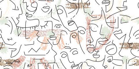 One line drawing. Abstract face seamless pattern.