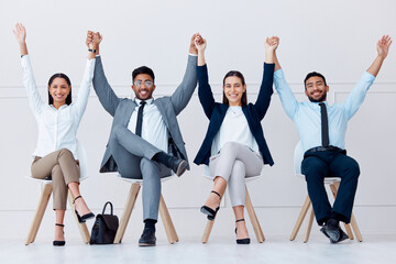 Obraz premium Celebration, success and recruitment business people in waiting room for we are hiring, Human Resources job or career opportunity. Corporate worker winning gesture for goals, mission and motivation