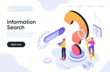 Frequently Asked Questions. Man and woman with magnifying glass and telescope standing next to big question mark, searching for information or solving problems. Cartoon isometric vector illustration