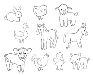 Cute outline calf, horse, pig and duck. Hand drawn line illustration isolated on white background. Funny Farm animals set for coloring book