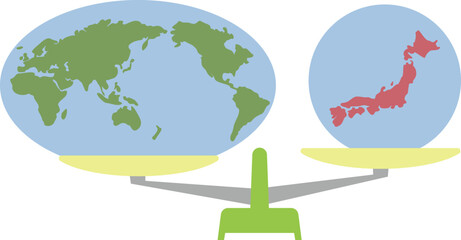 世界の広さと日本の重さを天秤にかける　イラスト素材	
