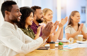Clapping, success and global business workshop, teamwork collaboration or meeting training for happy creative people. Smile or excited diversity workers in office motivation and strategy presentation