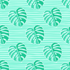 Fototapeta na wymiar Outline monstera silhouettes seamless pattern. Palm leaves endless background. Botanical wallpaper.