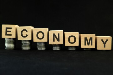 Economic recession, crash, collapse, crisis and economy down concept. Wooden blocks in with coins...