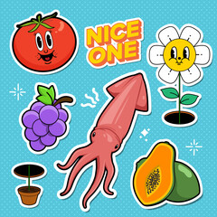 doodle sticker, healthy food doodle sticker, character, vintage sticker, fruits, vegan