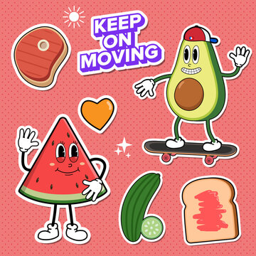 doodle sticker, healthy food doodle sticker, character, vintage sticker, fruits, vegan