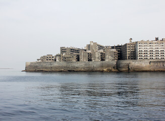 Beautiful sea view of an Island. Hashima Island buildings in Japan.