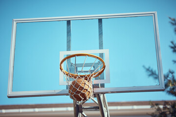 Basketball court net, point score and sports playing game, competition and action match outdoor. Background hoop winning, goal target aim and shooting hoops skills training, hobby and fun performance
