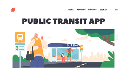 Fototapeta premium Public Transit App Landing Page Template. People on Bus Station, Schoolgirl, Man and Woman Characters Waiting Commuter
