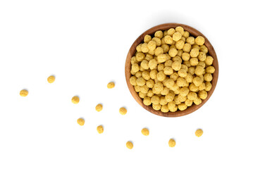 Dried honey balls on wooden bowl isolated on white background.